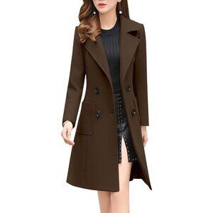 Women's Coffee Elegant Notched Collar Double Breasted Wool Blend Over Coat